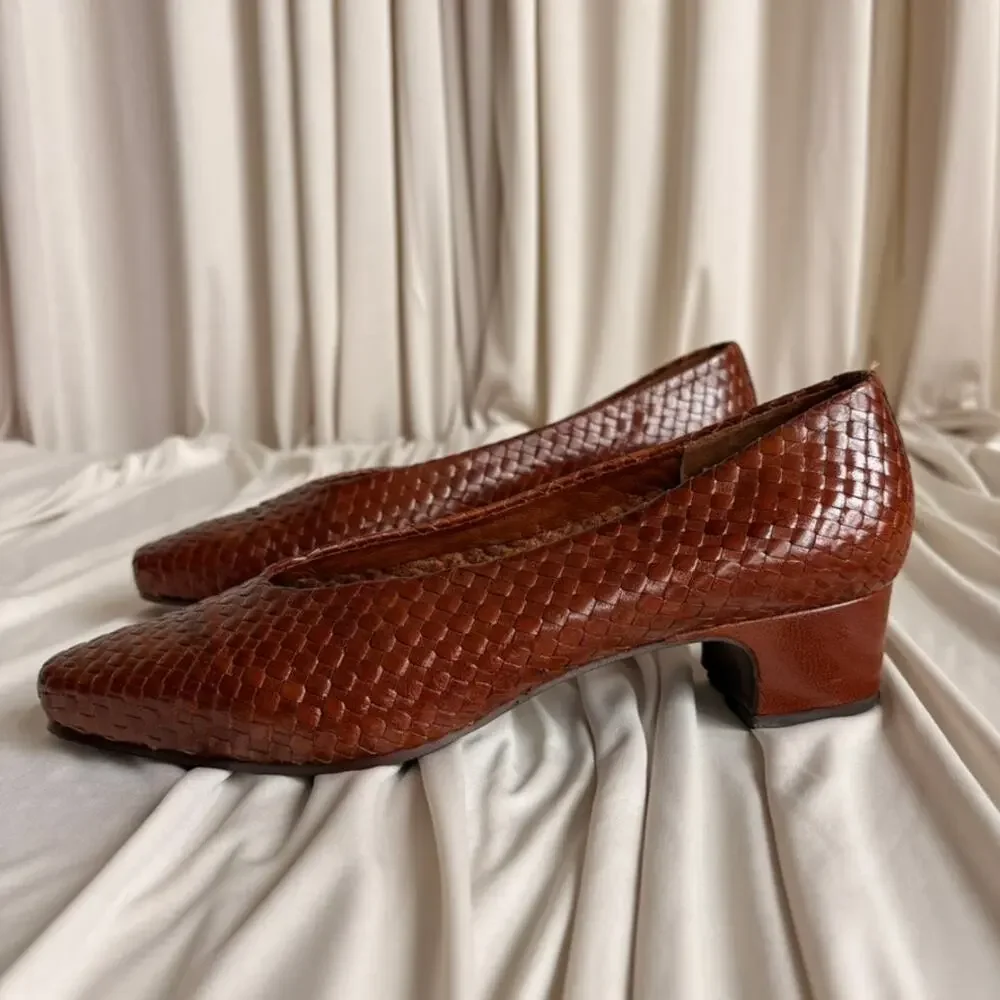 Enzo Angiolini Cognac Woven Leather Pumps - Almond Toe, Size 7.5